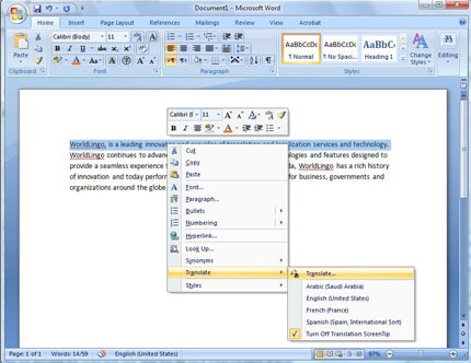 Screenshot showing context menus in Microsoft Word 2007